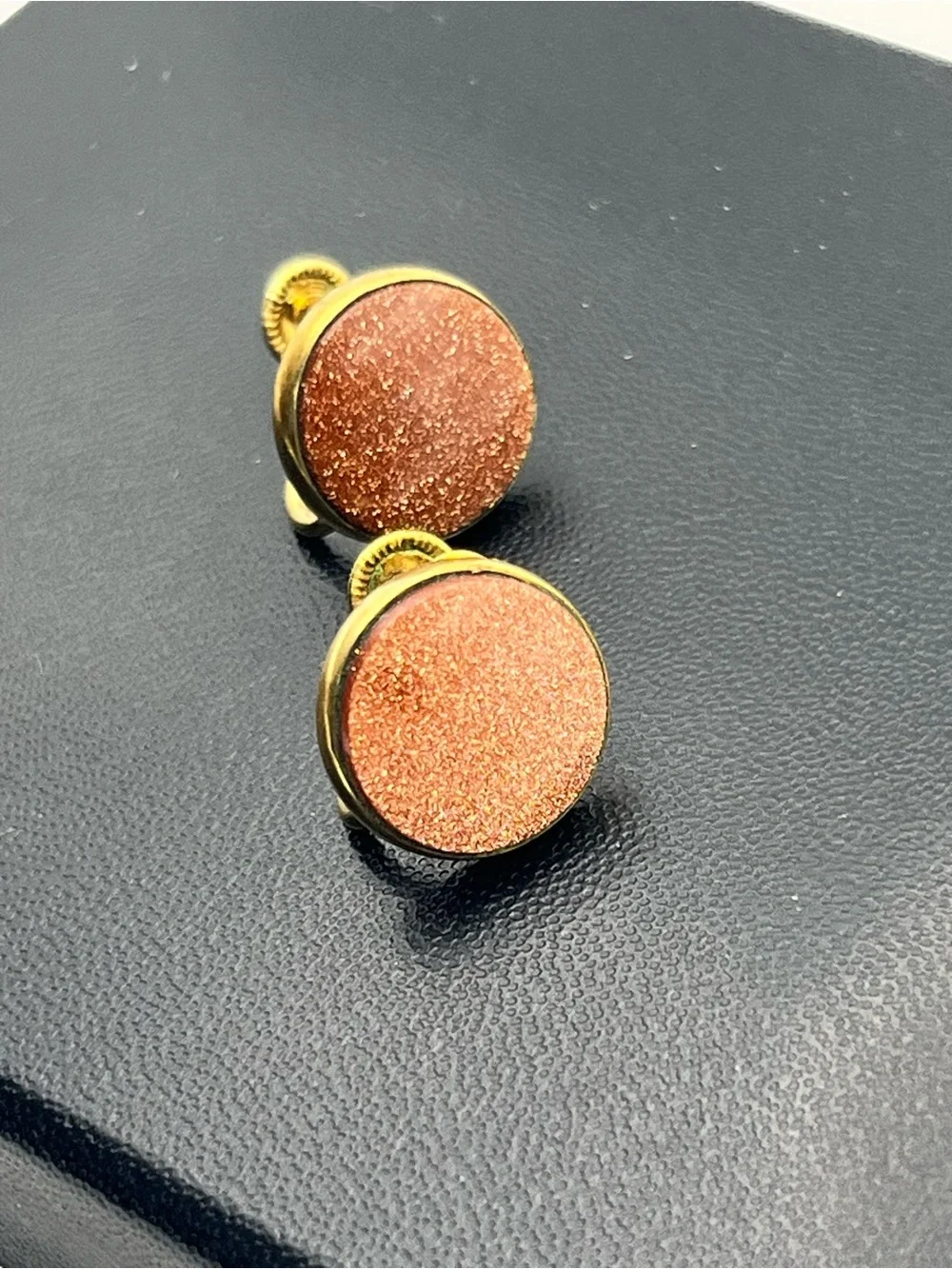 12k gold filled goldstone brown sparkly cabochon screw back earrings vintage